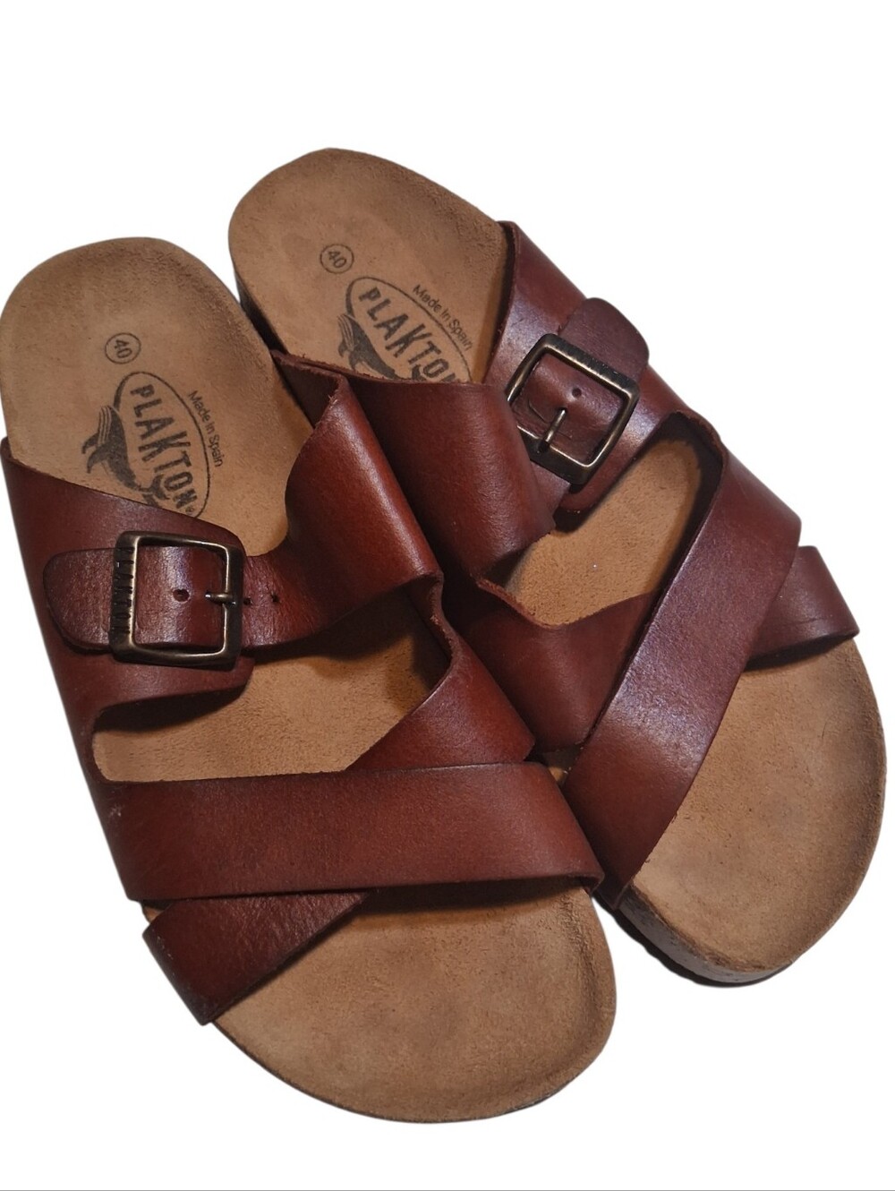 Plakton Sandals Granola Girl Boho Cork Footbed Brown Leather Cross Strap EU 40
